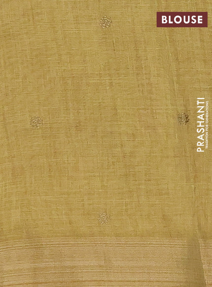 Linen cotton saree mustard yellow and maroon with embroidery buttas and embroidery zari border