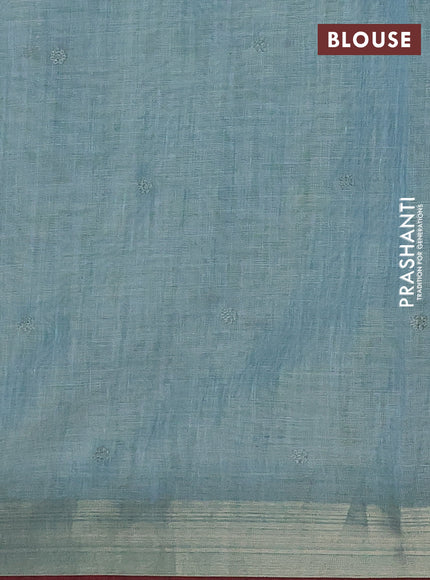 Linen cotton saree pastel blue and maroon with embroidery buttas and embroidery zari border