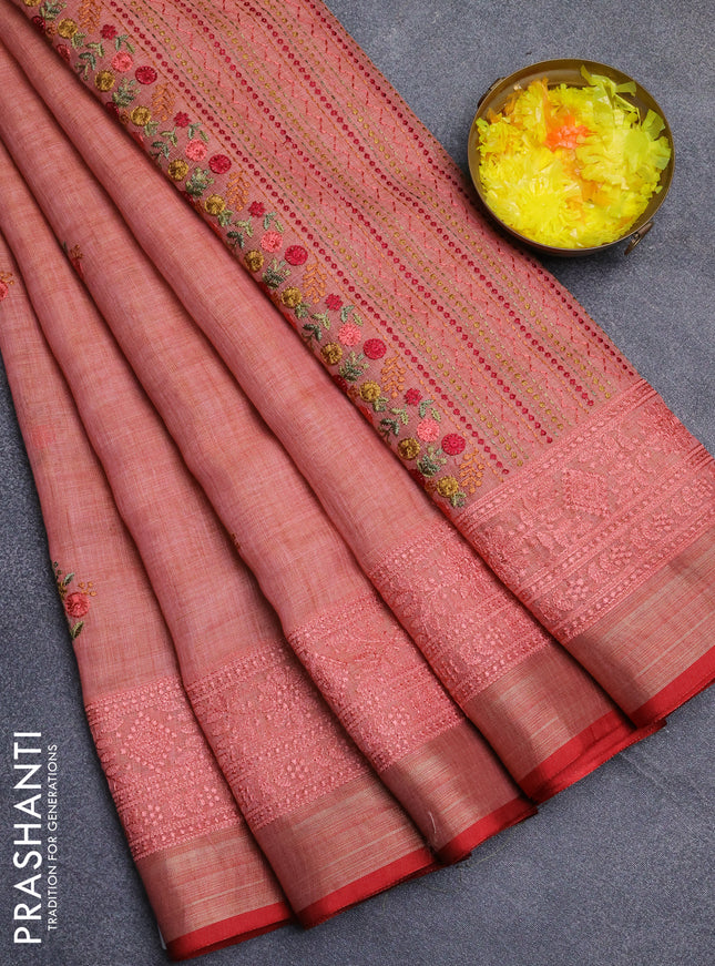 Linen cotton saree peach shade and red with embroidery buttas and embroidery zari border