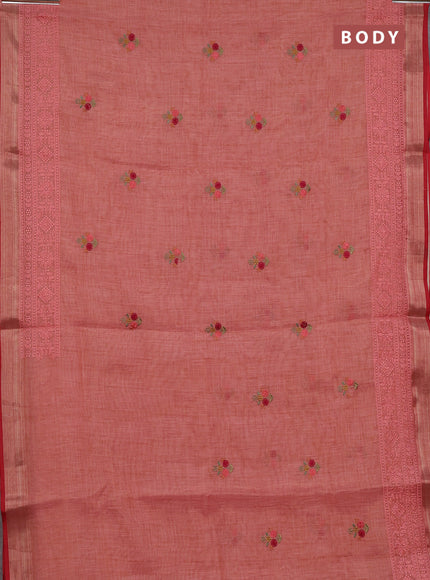 Linen cotton saree peach shade and red with embroidery buttas and embroidery zari border
