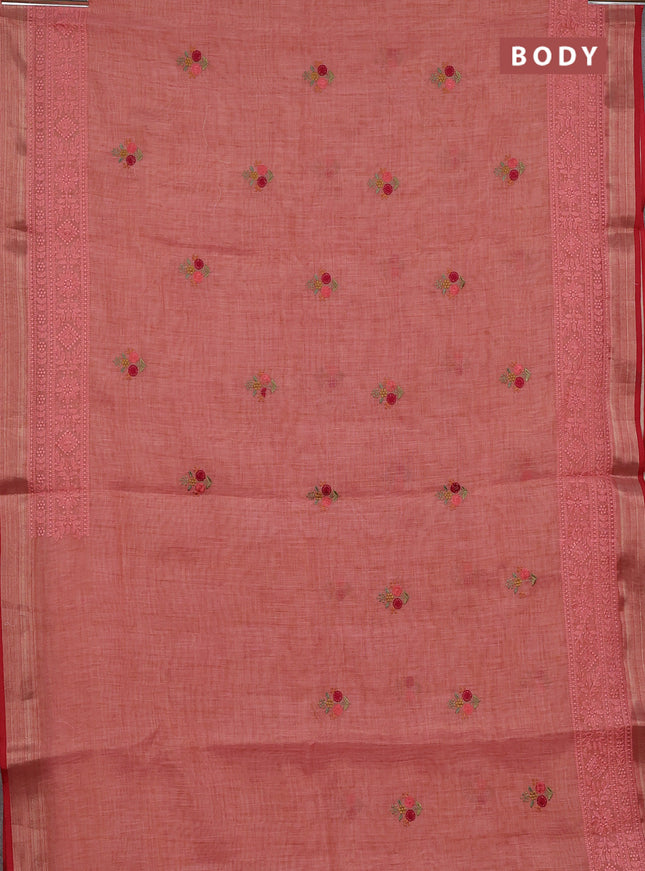 Linen cotton saree peach shade and red with embroidery buttas and embroidery zari border