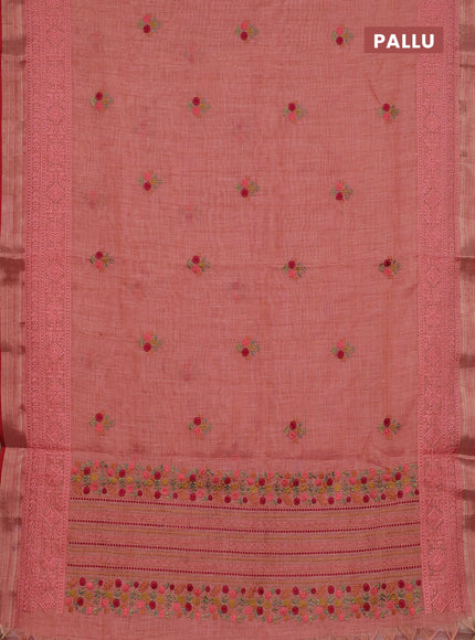 Linen cotton saree peach shade and red with embroidery buttas and embroidery zari border