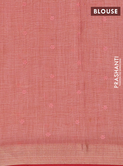 Linen cotton saree peach shade and red with embroidery buttas and embroidery zari border
