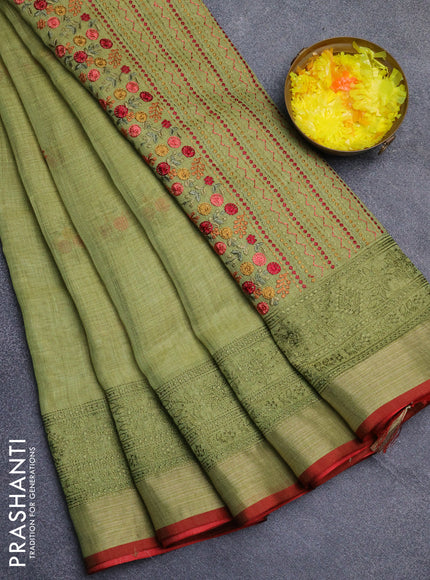 Linen cotton saree light green and maroon with embroidery buttas and embroidery zari border