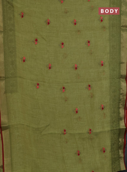 Linen cotton saree light green and maroon with embroidery buttas and embroidery zari border