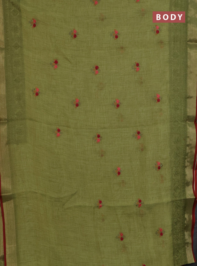 Linen cotton saree light green and maroon with embroidery buttas and embroidery zari border
