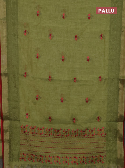 Linen cotton saree light green and maroon with embroidery buttas and embroidery zari border