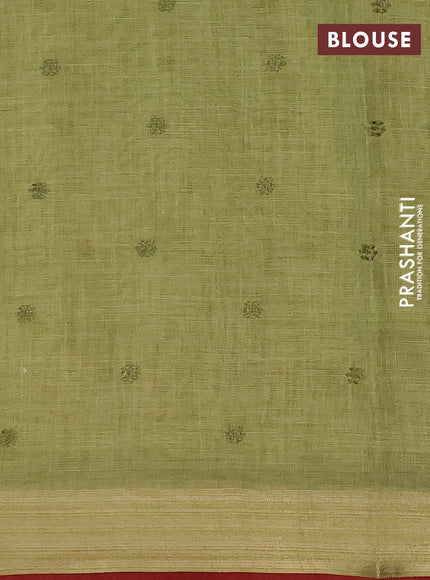 Linen cotton saree light green and maroon with embroidery buttas and embroidery zari border
