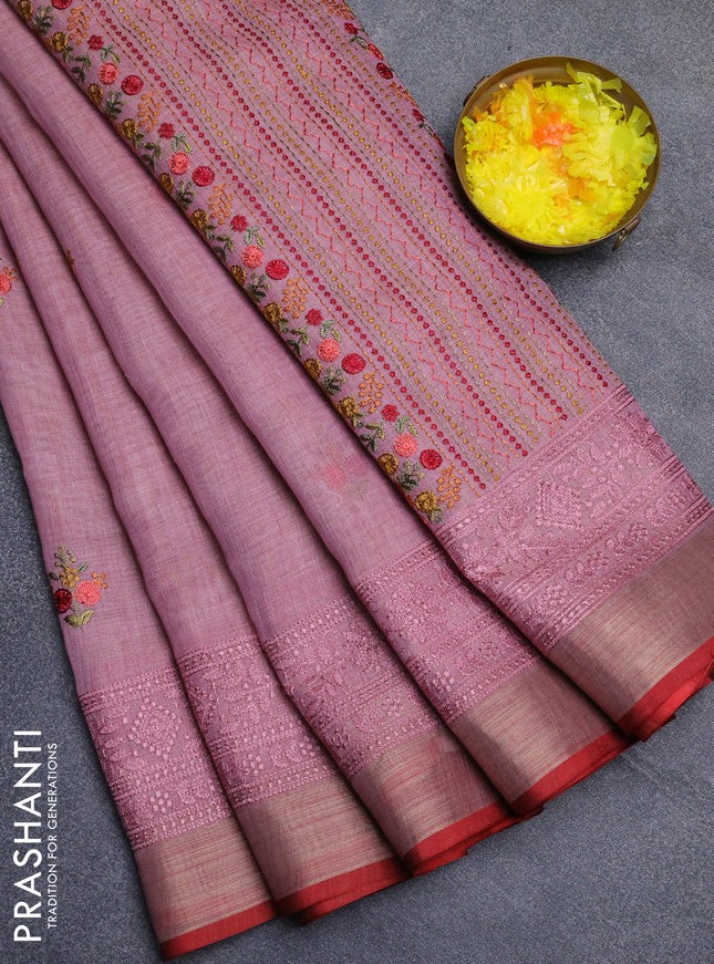 Linen cotton saree light pink and maroon with embroidery buttas and embroidery zari border