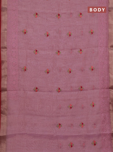 Linen cotton saree light pink and maroon with embroidery buttas and embroidery zari border