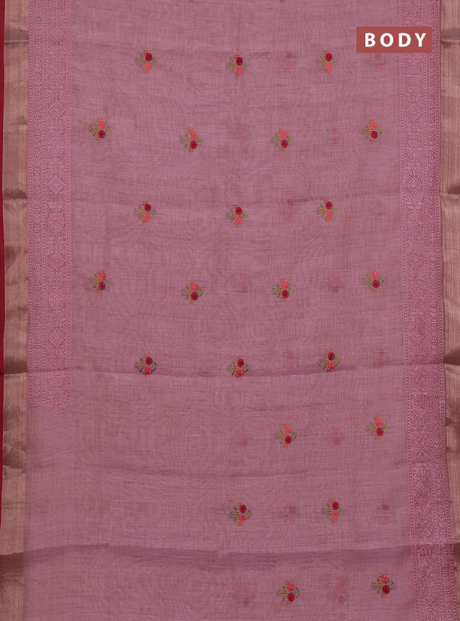 Linen cotton saree light pink and maroon with embroidery buttas and embroidery zari border