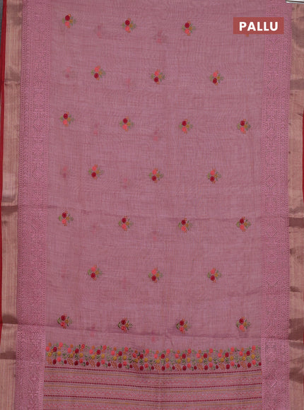 Linen cotton saree light pink and maroon with embroidery buttas and embroidery zari border
