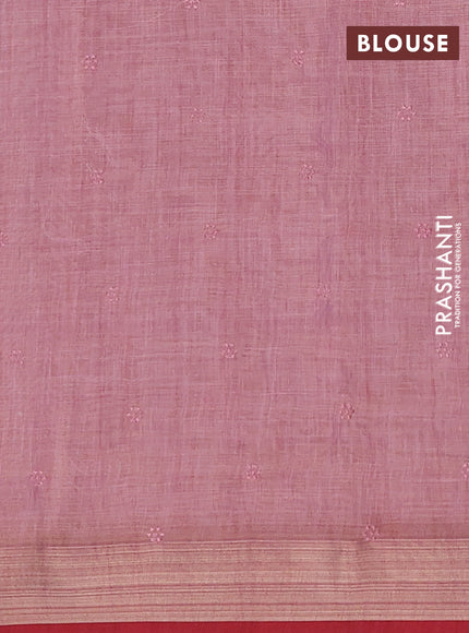 Linen cotton saree light pink and maroon with embroidery buttas and embroidery zari border