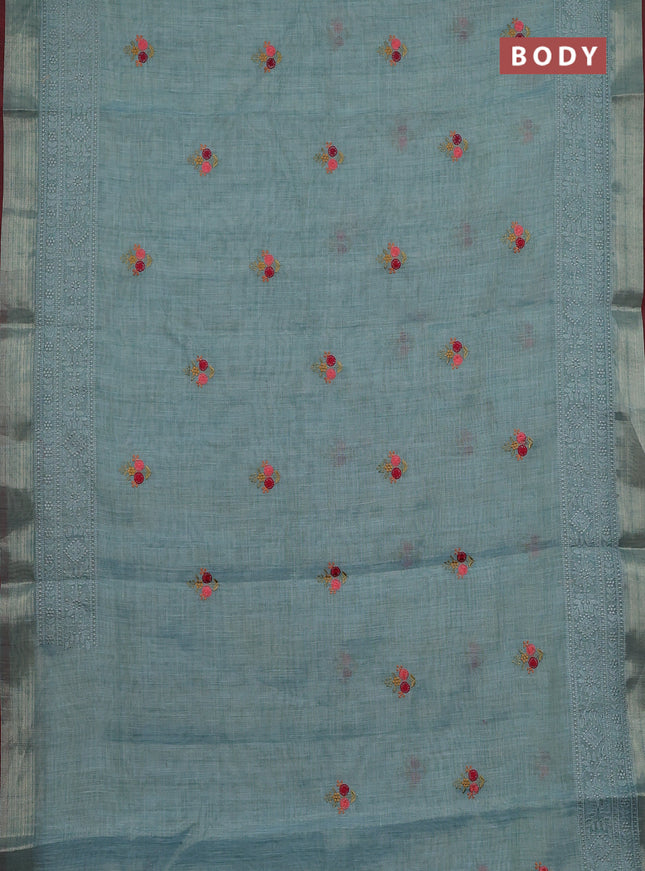 Linen cotton saree pastel blue and maroon with embroidery buttas and embroidery zari border