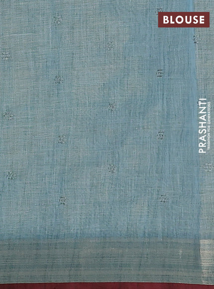 Linen cotton saree pastel blue and maroon with embroidery buttas and embroidery zari border