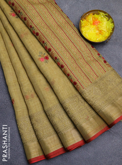 Linen cotton saree mustard yellow and maroon with embroidery buttas and embroidery zari border