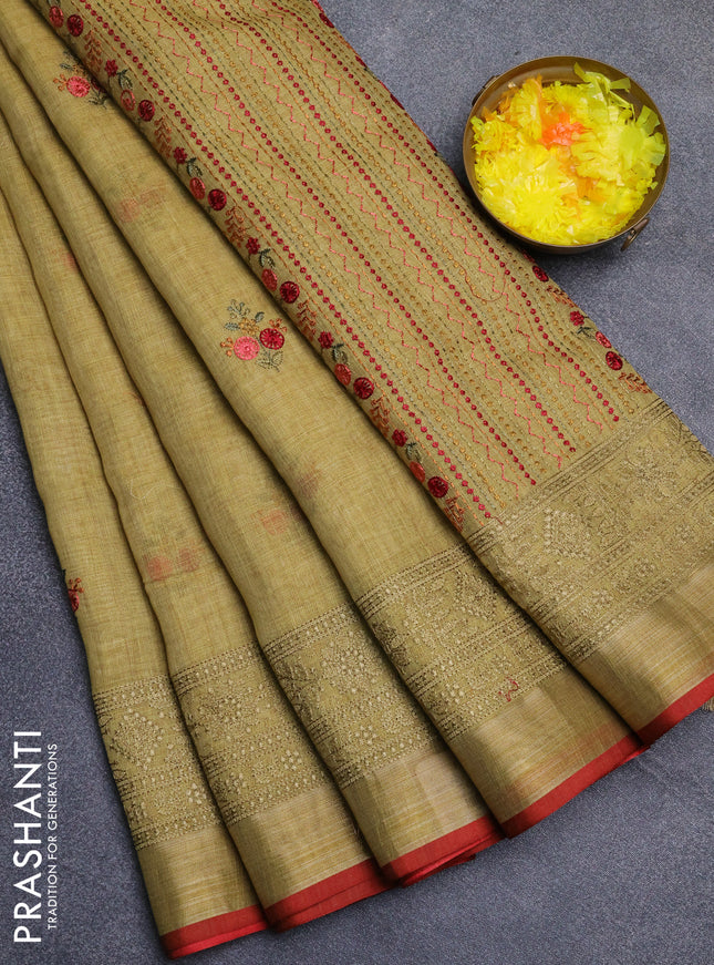 Linen cotton saree mustard yellow and maroon with embroidery buttas and embroidery zari border