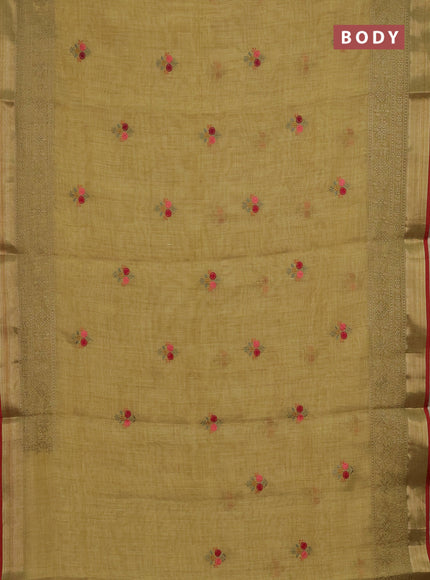Linen cotton saree mustard yellow and maroon with embroidery buttas and embroidery zari border