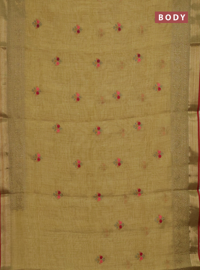 Linen cotton saree mustard yellow and maroon with embroidery buttas and embroidery zari border