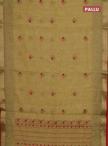 Linen cotton saree mustard yellow and maroon with embroidery buttas and embroidery zari border