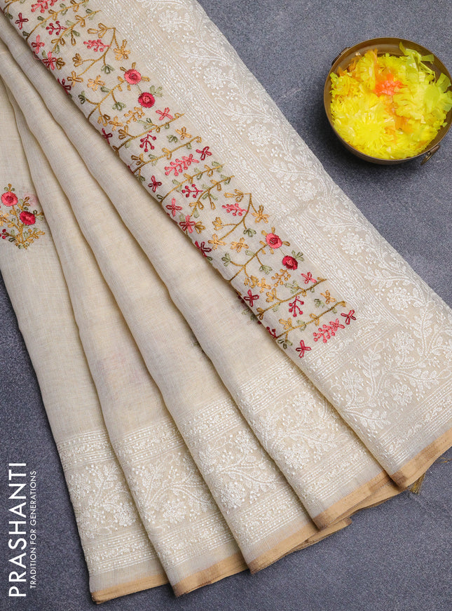 Linen cotton saree cream and maroon with embroidery buttas and embroidery zari border