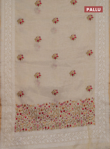 Linen cotton saree cream and maroon with embroidery buttas and embroidery zari border