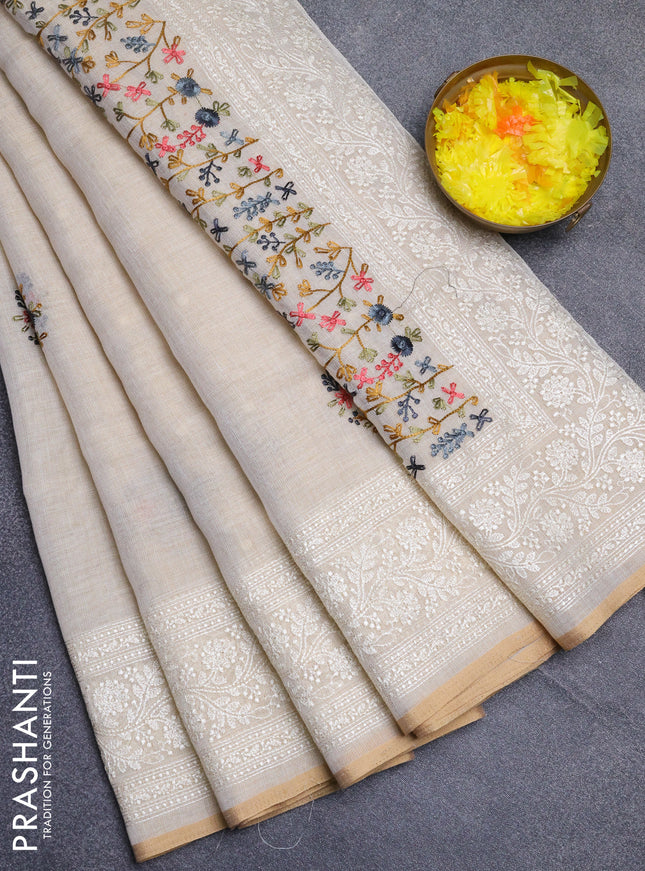 Linen cotton saree cream and dark mustard with embroidery buttas and embroidery zari border