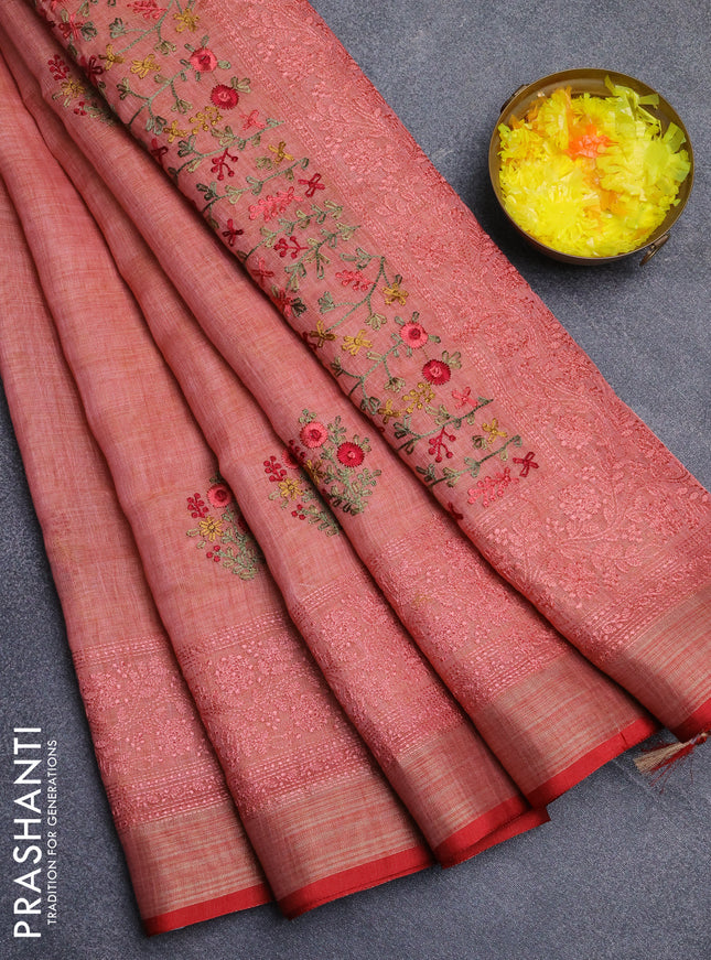 Linen cotton saree peach shade and maroon with embroidery buttas and embroidery zari border