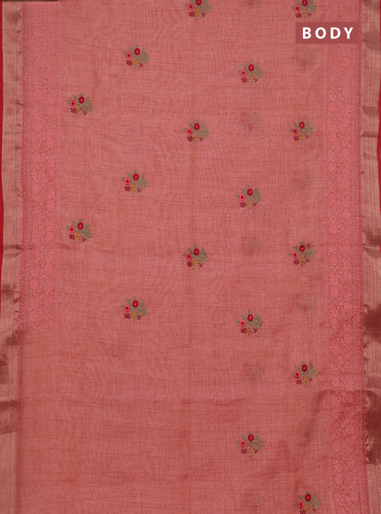 Linen cotton saree peach shade and maroon with embroidery buttas and embroidery zari border