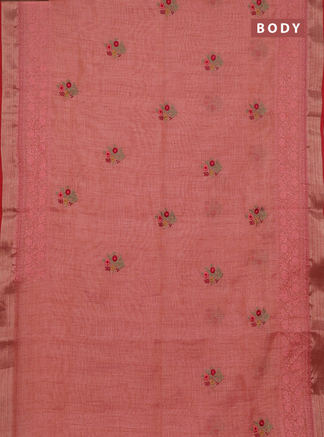 Linen cotton saree peach shade and maroon with embroidery buttas and embroidery zari border