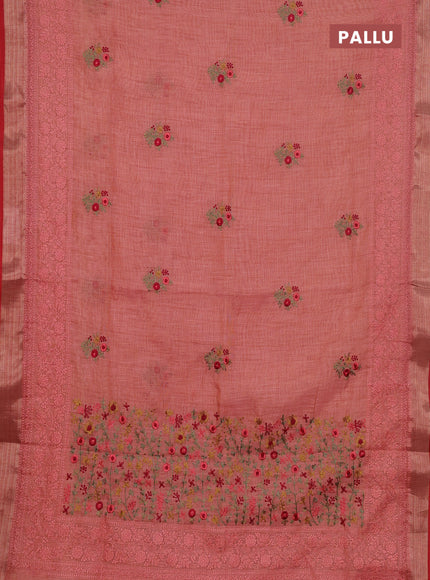 Linen cotton saree peach shade and maroon with embroidery buttas and embroidery zari border