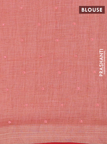 Linen cotton saree peach shade and maroon with embroidery buttas and embroidery zari border