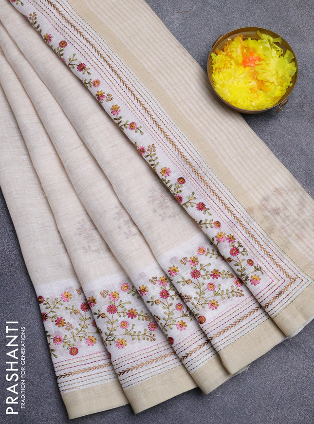 Linen cotton saree cream and maroon with embroidery buttas and embroidery simple border