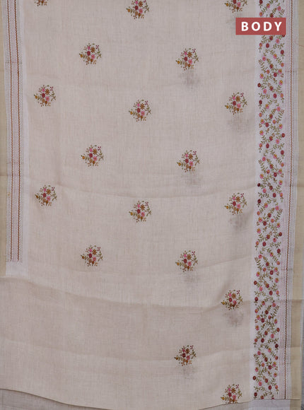 Linen cotton saree cream and maroon with embroidery buttas and embroidery simple border