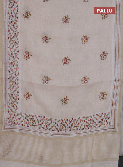 Linen cotton saree cream and maroon with embroidery buttas and embroidery simple border