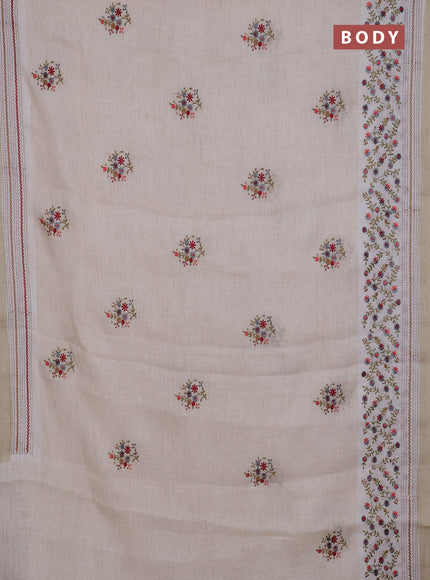 Linen cotton saree cream and grey with embroidery buttas and embroidery simple border
