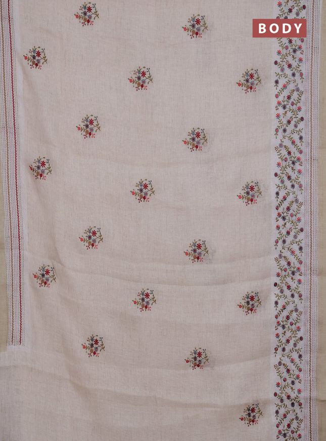 Linen cotton saree cream and grey with embroidery buttas and embroidery simple border