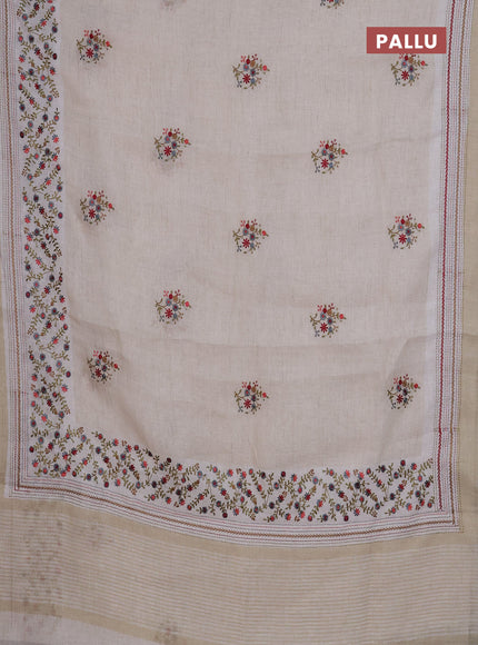 Linen cotton saree cream and grey with embroidery buttas and embroidery simple border
