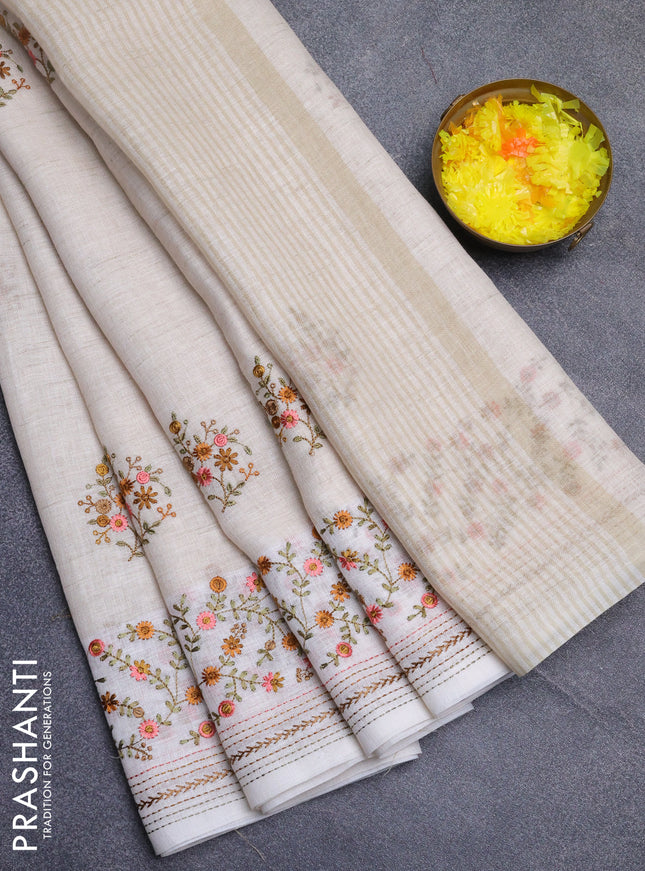 Linen cotton saree cream and peach shade with embroidery buttas and embroidery simple border