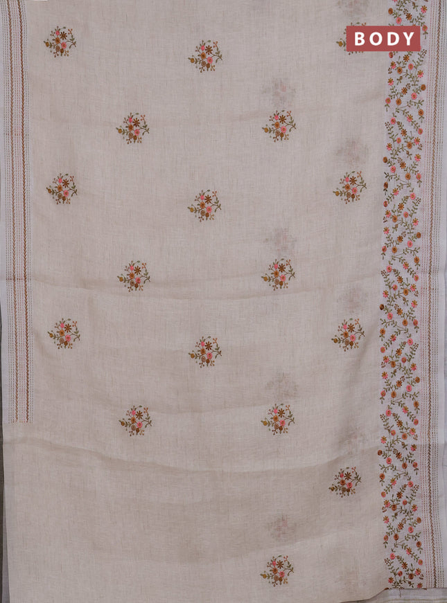 Linen cotton saree cream and peach shade with embroidery buttas and embroidery simple border