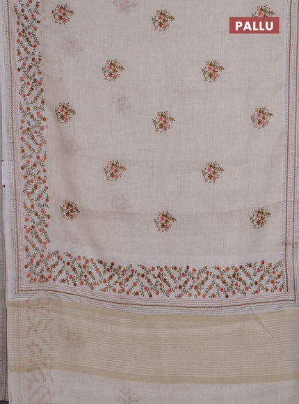 Linen cotton saree cream and peach shade with embroidery buttas and embroidery simple border