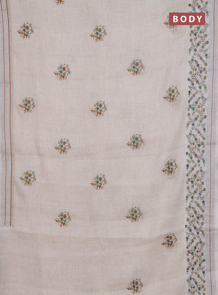 Linen cotton saree cream and teal green with embroidery buttas and embroidery simple border