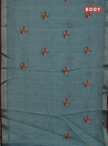 Linen cotton saree pastel blue and maroon with embroidery buttas and embroidery zari border