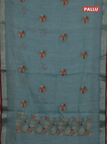 Linen cotton saree pastel blue and maroon with embroidery buttas and embroidery zari border