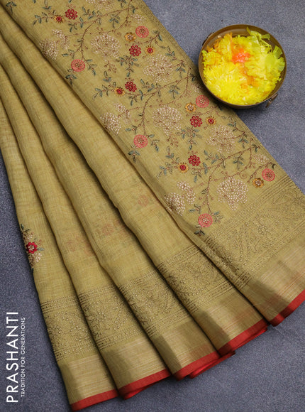 Linen cotton saree mustard yellow and red with embroidery buttas and embroidery zari border
