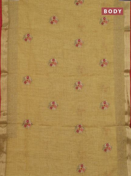 Linen cotton saree mustard yellow and red with embroidery buttas and embroidery zari border