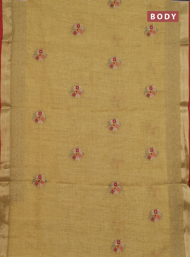 Linen cotton saree mustard yellow and red with embroidery buttas and embroidery zari border
