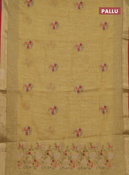 Linen cotton saree mustard yellow and red with embroidery buttas and embroidery zari border