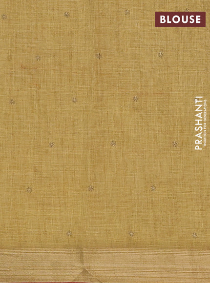 Linen cotton saree mustard yellow and red with embroidery buttas and embroidery zari border