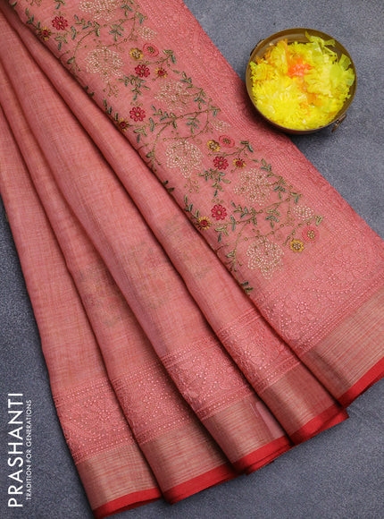Linen cotton saree peach shade and red with embroidery buttas and embroidery zari border